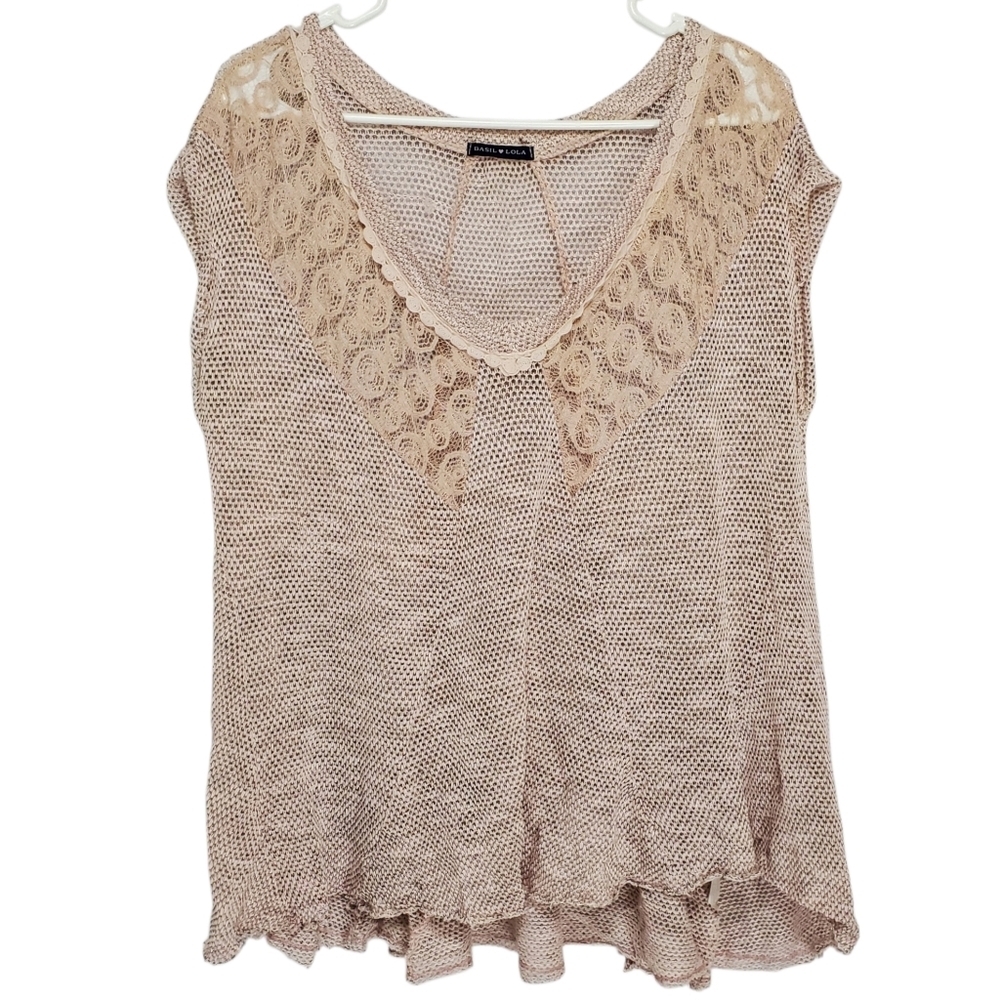 2455 * Basil Lola Lace Crochet Overlay Sleeveless Top Light Pink Blush Size M - Picture 1 of 9